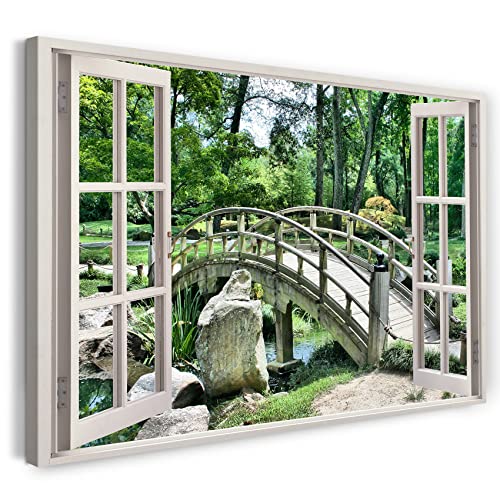Printistico Leinwandbild (120x80cm) Fensterblick - Japanische Brücke Garten Natur Pflanzen Bach - Natur-Fotografie, echter Holz-Keilrahmen inkl. Aufhänger, handgefertigt in Deutschland
