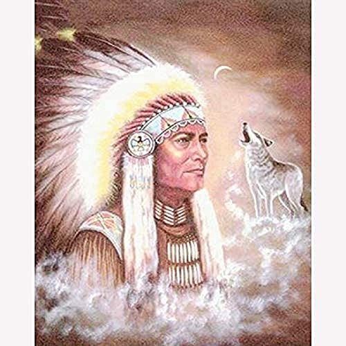 WYWQN Diamond Painting Kits für Erwachsene Indianer Indianer Mann Wolf DIY 5D Diamond Art für Anfänger für Wanddekoration 50x50CM
