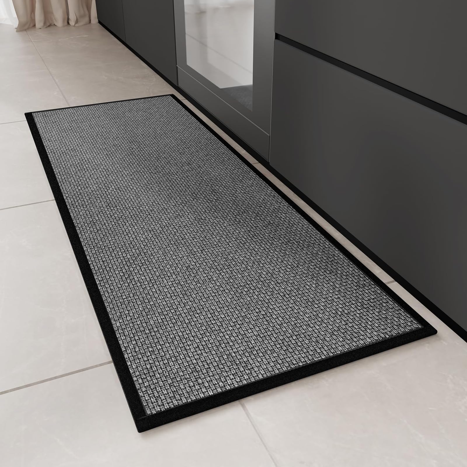 KMVIZI Küchenteppich Waschbar rutschfest, Gewebte Teppich Läufer, Küchenläufer Saugfähig, Modern Bettvorleger Schlafzimmer Eingangsteppich Lang Läufer Teppich für Flur, Schwarz, 50x120cm