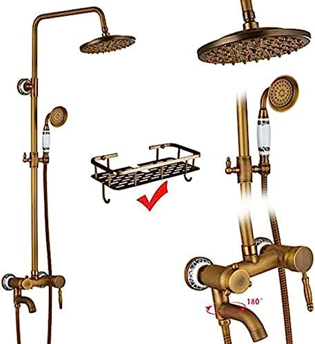Duschsysteme Antikes Messing-Doppelgriff-Wandmontage-Badezimmer-Duscharmatur-Set mit Duschablage Badezimmer-Duschmischer-K01,C02