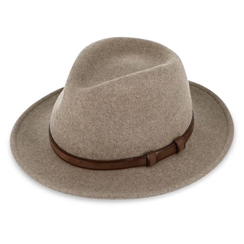 fiebig Lewis Fedora Wollfilzhut | Crushable & Waterproof Filzhut mit Ledergarnitur | Outdoor Hat Made in Europe (61-XL, Taupe-Melange)