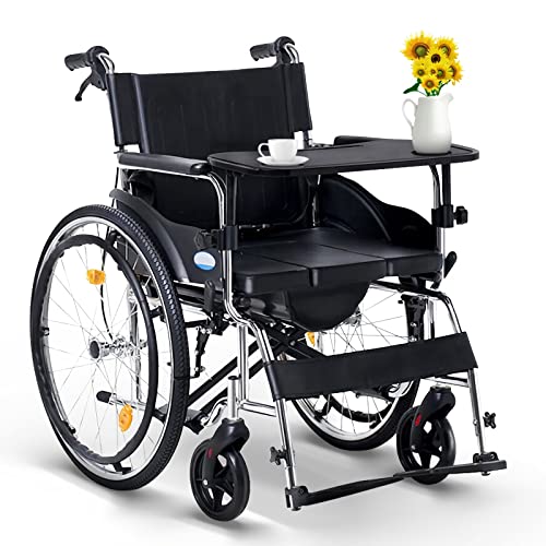 Bueuwe Faltbar Leicht Rollstuhl für Erwachsene, Rollstühle mit Esstisch und Bettpfanne, Pflege Rollstuhl für die Wohnung und Unterwegs, Reiserollstuhl aus Stahl, Sitzbreite 46 cm