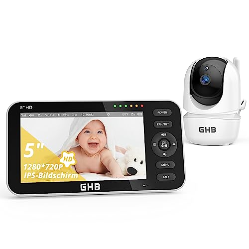 GHB Babyphone Baby-Kamera mit LCD-Display, 5,0 Zoll (14,7 cm), unterstützt 4 Kameras, um 350 ° drehbar, Temperatursensor, VOX, Nachtsicht