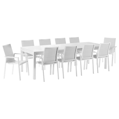 NATERIAL - Gartenmöbel Set 10 Personen - Gartentisch ODYSSEA 256/320x100cm mit Glasplatte - Ausziehtisch - 10er Set Gartenstühle Orion Gamma mit Armlehnen - Stapelbar - Sitzgruppe - Aluminium - Weiß