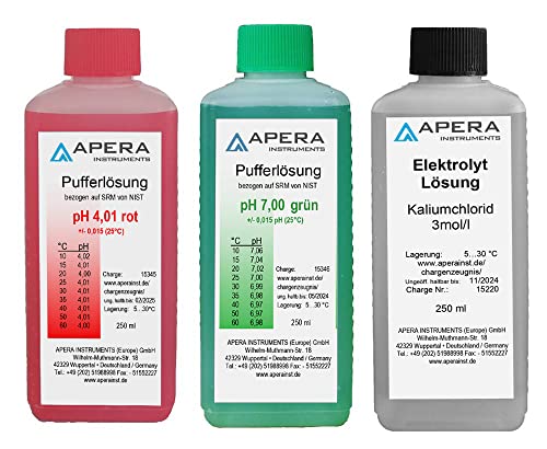 Apera Instruments pH Kalibrierlösung 4.01/7.00 + 3M KCl Elektroden Aufbewahrungslösung je 250ml, Pufferlösung Set
