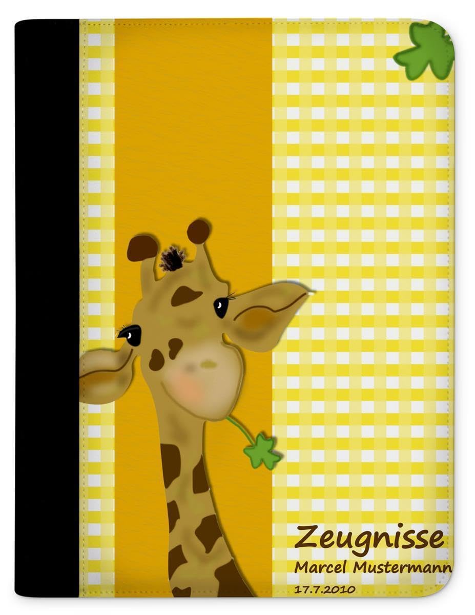 CreaDesign, Kinder Zeugnismappe personalisiert mit Namen, Zeugnis Mappe Giraffe Gelb, DIN A4, 26,7 x 32,7 x 1 cm, Rücken schwarz