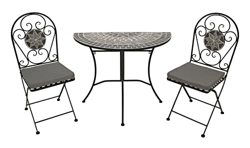 DEGAMO Balkonset Siena 3-teilig, 2X Klappstuhl und 1x Tisch 45x90cm halbrund, Eisen schwarz mit Mosaik Dekor grau/Weiss, mit Polstern grau