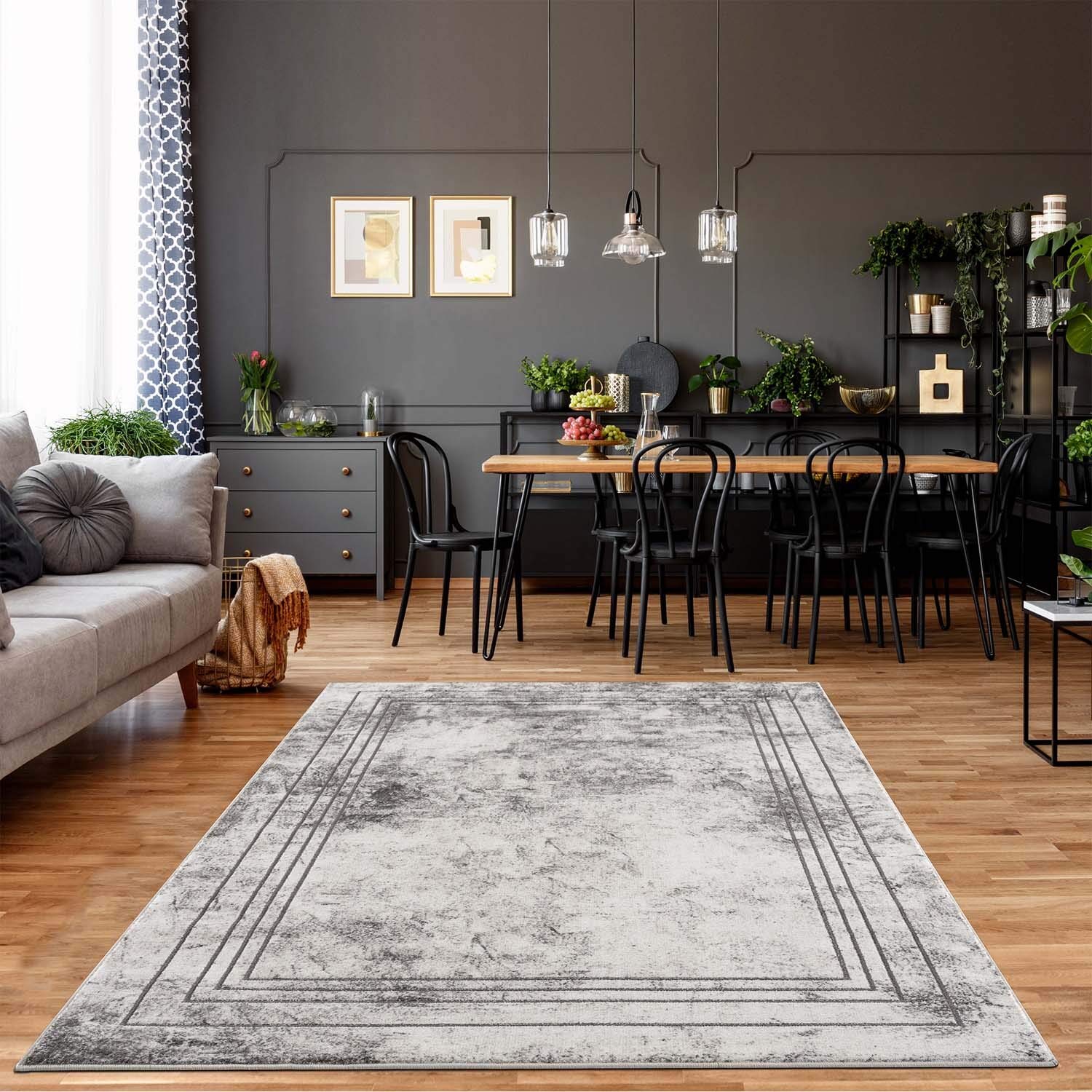 carpet city Teppich Wohnzimmer Bordüre - 80x150 cm Grau Meliert - Moderne Teppiche Kurzflor