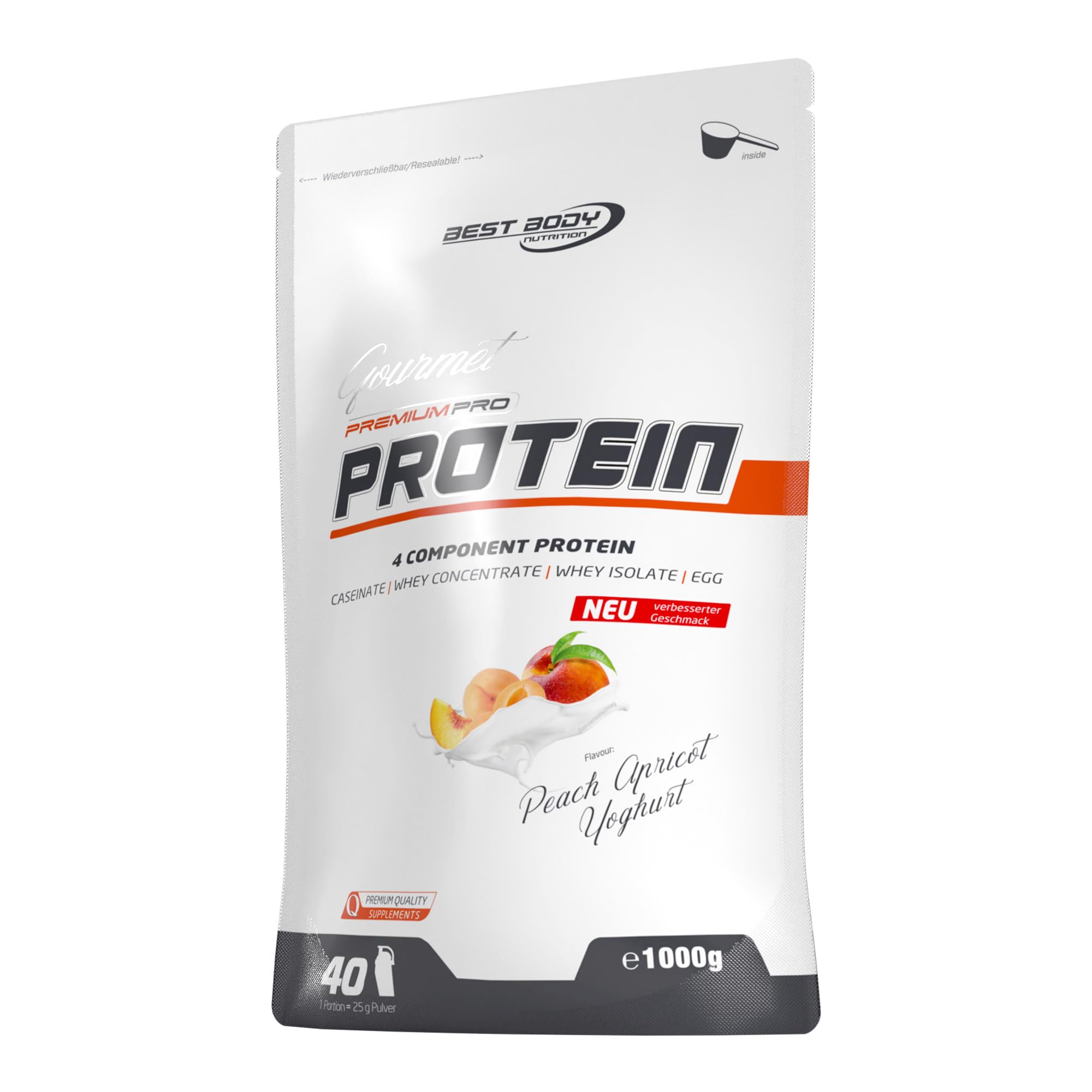 Best Body Nutrition Gourmet Premium Pro Protein, Peach Apricot Yoghurt, 4 Komponenten Protein Shake: Caseinat, Whey Konzentrat, Whey Isolat, Eiprotein, 1 kg Zipp Beutel