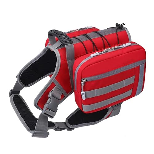 NP Hunderucksack Hund Satteltasche Tragetasche Haustier Pack für mittelgroße große Hunde, Haustierrucksack mit Seitentaschen für Wandern Training Laufen (Rot)