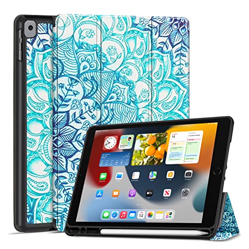 TNP iPad Hülle für iPad 9./8./7. Generation 10,2 Zoll 2021/2020/2019 Modell, Schutzhülle mit Stifthalter, dünner und weicher iPad Case aus TPU, mit Auto Schlaf/Wach Funktion, Smaragd-Illusionen