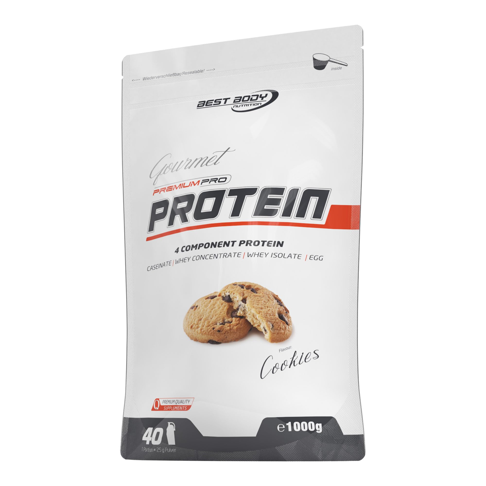 Best Body Nutrition Gourmet Premium Pro Protein, Cookies, 4 Komponenten Protein Shake: Caseinat, Whey Konzentrat, Whey Isolat, Eiprotein, 1 kg (1er Pack) Zipp Beutel