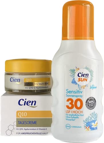CIEN 2er-Set Hautpflege: SUN Sensitiv Sonnenspray LSF 30 HOCH für empfindliche Haut ohne Duftstoffe (200 ml) + Q10 Anti-Falten-Tagescreme (50 ml), 250 ml