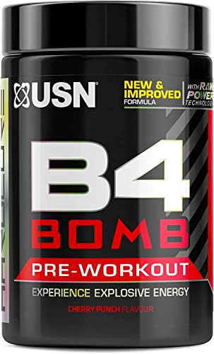 USN B4 Bomb Extreme Pre-Workout Pulver: Hochleitungs Energy Booster mit Kreatin, Koffein und Zynamit, Energie Drink Pulver, Kirsche, 300 g