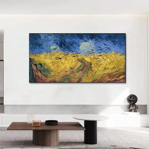 ZMFBHFBH Berühmte Kunstwerke für Wohnzimmer, Gemälde, Kunstdrucke, Van Goghs Weizenfelder und Krähen, Leinwand-Wandkunst-Poster und Bilder, 100 x 200 cm (39 x 79 Zoll) mit schwarzem Rahmen