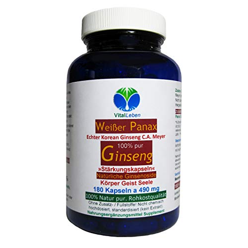 KOREAN PANAX GINSENG pur - 180 Pulver Kapseln IMMUNSYSTEM & ABWEHRKRÄFTE + Konzentration Denkvermögen Energie Stress Ausdauer mentale Stärke - NATUR pur - OHNE Zusatzstoffe. 26775-180