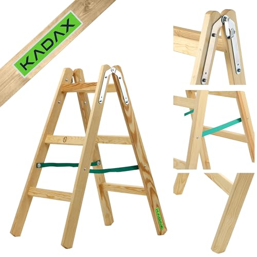 KADAX Holzleiter, Bockleiter bis 150 kg, klappbare Malerleiter, Doppelstufenleiter mit Stahlhaken, Elektrikerleiter, Stehleiter, Haushaltsleiter (3 Stufen)