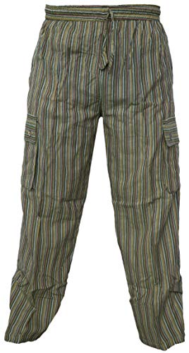 Leichte Baumwolle Lose Elastische Taille Sommer Tasche Lässige Lounge Tragen Trousers Hose Gestreiftes Grün X-Large
