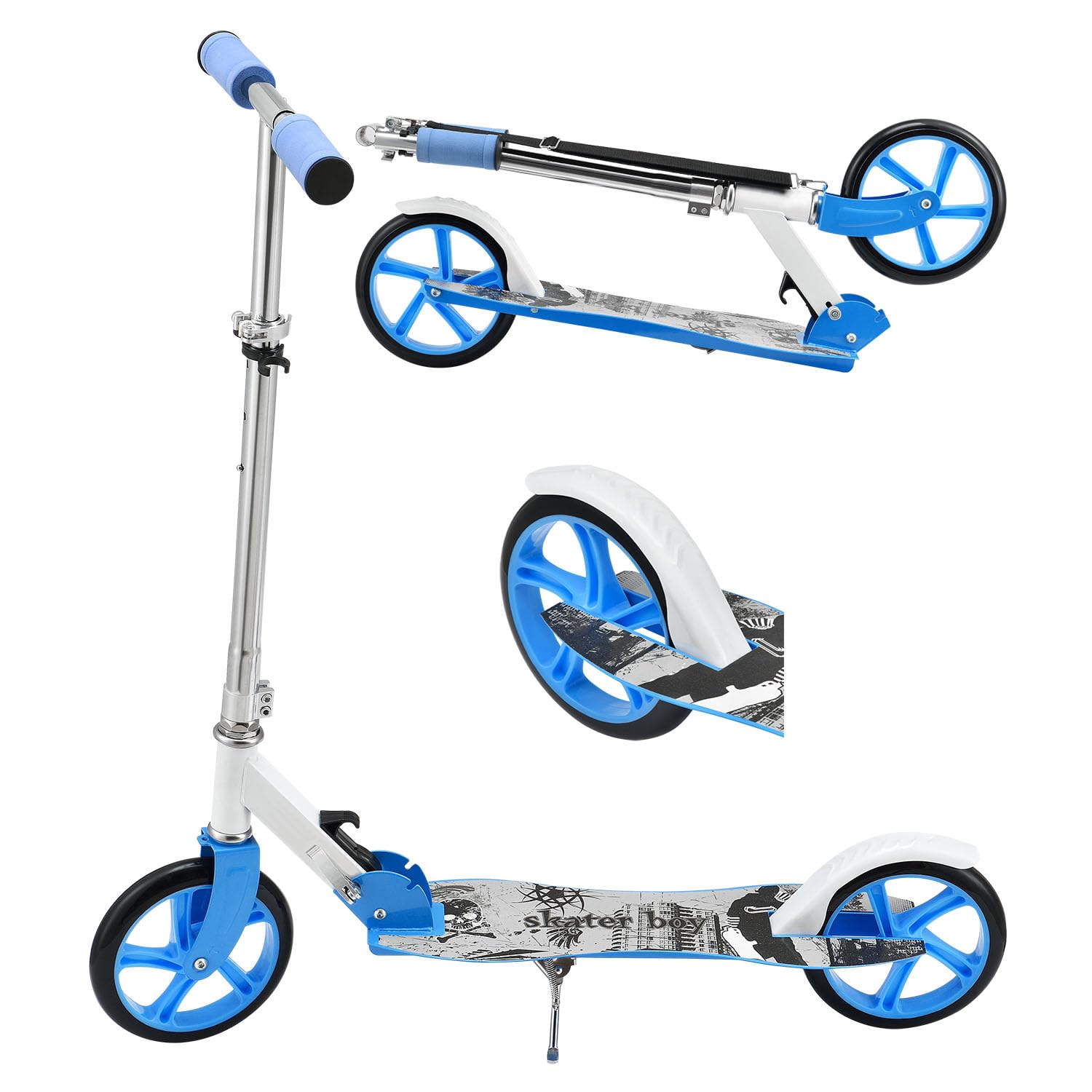 ArtSport Scooter Cityroller Skaterboy Big Wheel 205mm Räder klappbar & höhenverstellbar - Kinder-Roller ab 3 Jahre - Tretroller bis 100 kg - blau