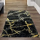 Teppich-Traum moderner Teppichläufer für Flur & Diele | Bettvorleger | abstraktes Marmor Muster in schwarz Gold, Größe 60x110 cm