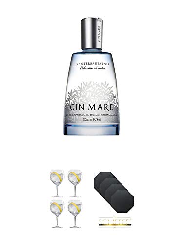 Gin Mare aus Spanien 0,7 Liter + Spiegelau Gin & Tonic 4390179 4 Gläser + Schiefer Glasuntersetzer achteckig 4 x ca. 9,5 cm Durchmesser