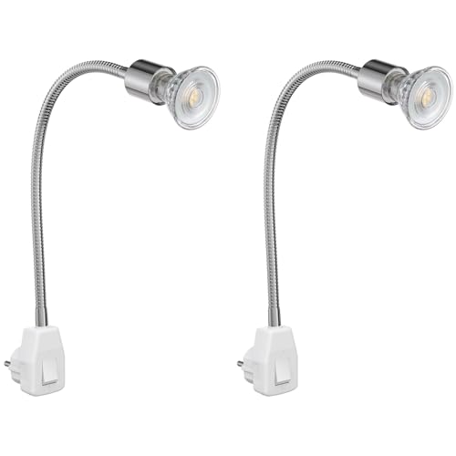 ledscom.de Steckerlampe LESCH Leseleuchte flexibler Hals, Schalter, Chrom inkl. GU10 LED Lampe PAR16 5,7W =71W 550lm 50° weiß, 2 Stk.