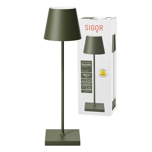 SIGOR Nuindie - Dimmbare LED Akku-Tischlampe Indoor & Outdoor, IP54 spritzwassergeschützt, Höhe 38 cm, aufladbar mit USB-C, 12 h Leuchtdauer, tannengrün