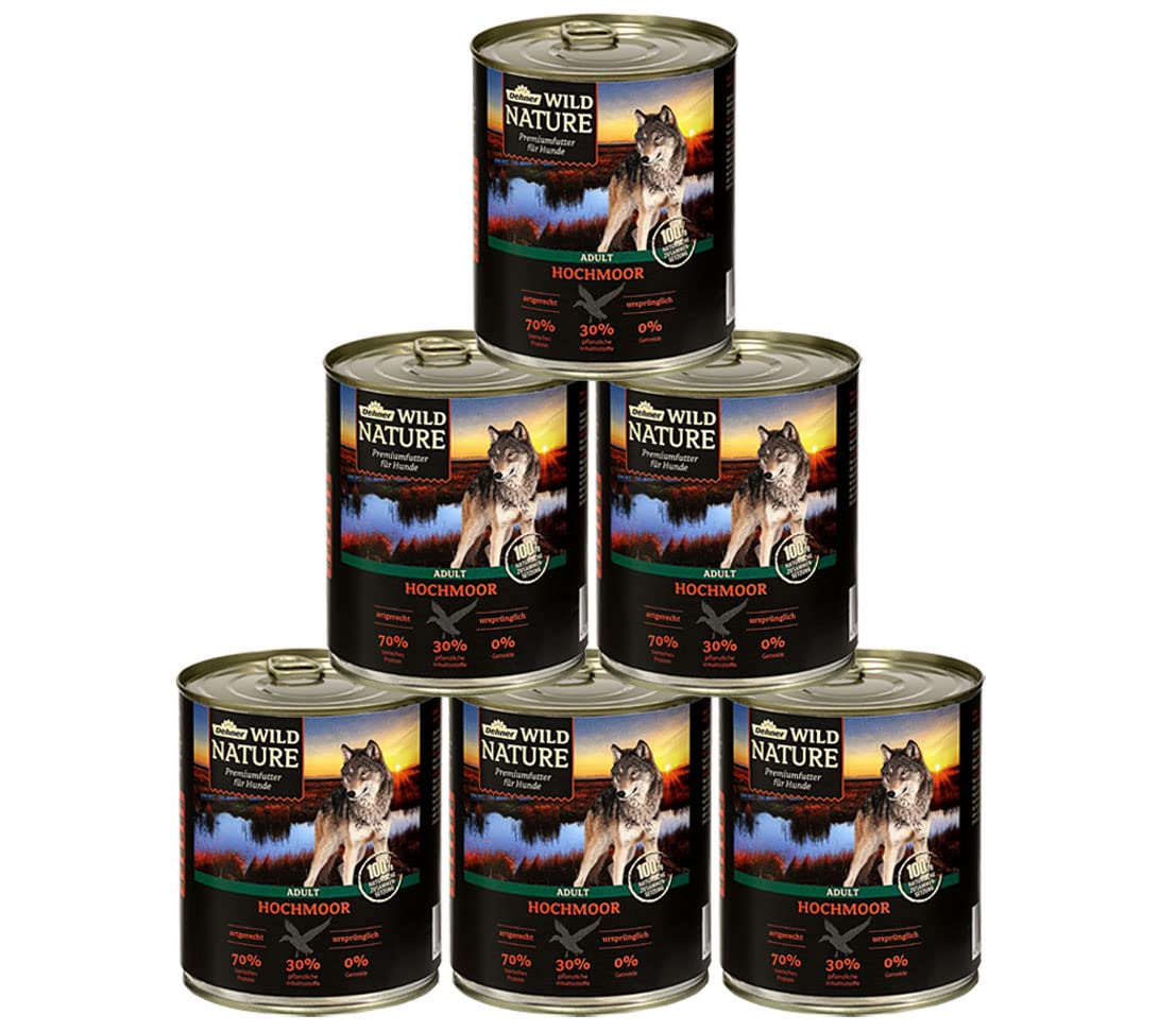 Dehner Wild Nature Hundefutter Hochmoor, Nassfutter getreidefrei / zuckerfrei, für ausgewachsene Hunde, Ente, 6 x 800 g Dose (4.8 kg)