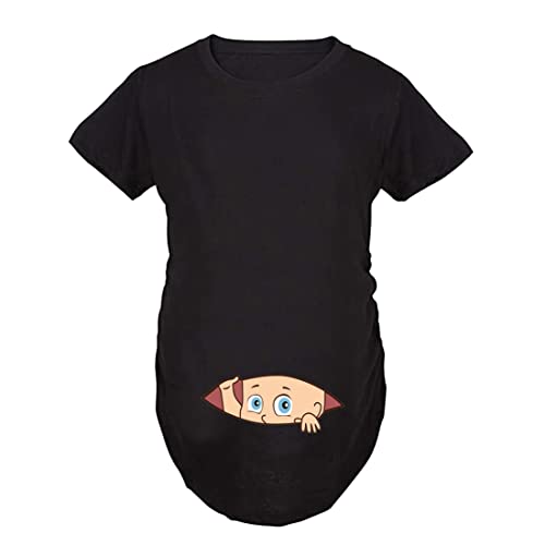 Umstands-T-Shirt mit kurzen Ärmeln, Schwangerschafts-T-Shirt, seitlich gerafft, T-Shirt, Baby1, schwarz, Small