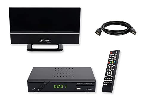 Set-ONE EasyOne 740 HD DVB-T2 Receiver inkl. 3 Monate gratis Freenet TV (Private Sender in HD), PVR Ready, 1080p, HDMI, LAN, HBBTV, USB 2.0, 12V tauglich, 2m HDMI Kabel, DVB-T2 Zimmerantenne