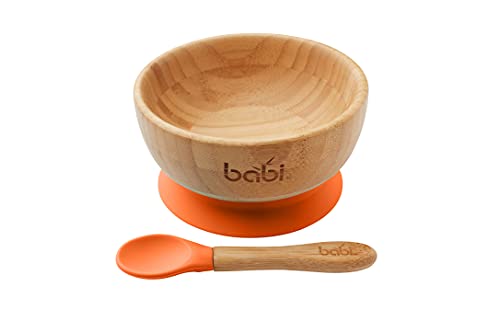 Babi® Baby Kleinkind Schüssel & passendem Löffel-Set, natürlicher Bambus, mit Silikon-Saugnapf (orange)