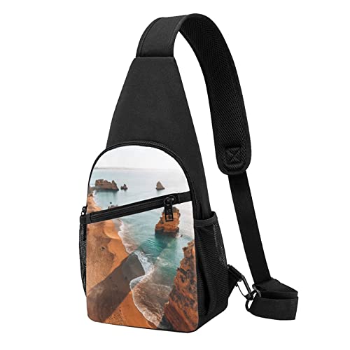 Sea Beach Bedruckte Brusttasche Crossbody Brustgurt Rucksack Reise Wandern Brusttasche Tagesrucksack, Schwarz , Einheitsgröße