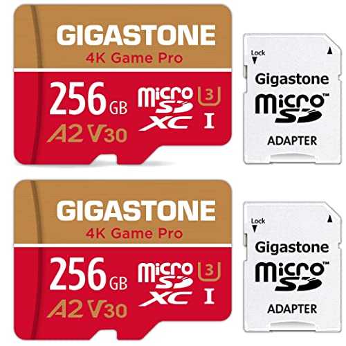 [5 Jahre kostenlose Datenwiederherstellung] GIGASTONE 256GB 2er-Pack Micro SD Karte, 4K Game Pro MAX, bis zu 130/85 MB/s, MicroSDXC Speicherkarte für Nintendo Switch Gopro DJI, A2 V30 U3 +Adapter