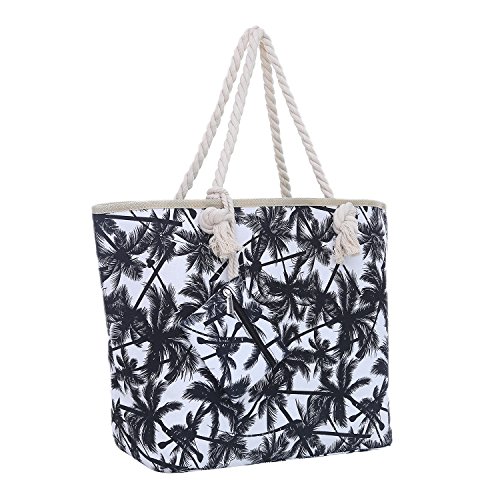 Große Strandtasche mit Reißverschluss 58 x 38 x 18 cm Palmen weiß schwarz Shopper Schultertasche Miami Florida Tasche