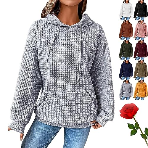 Waffle Hoodie Women Solid Color Drawstring Pullover Sweatshirt Basic with Pocket, Fashion Fall Hoodies for Womens (Gray,XL)