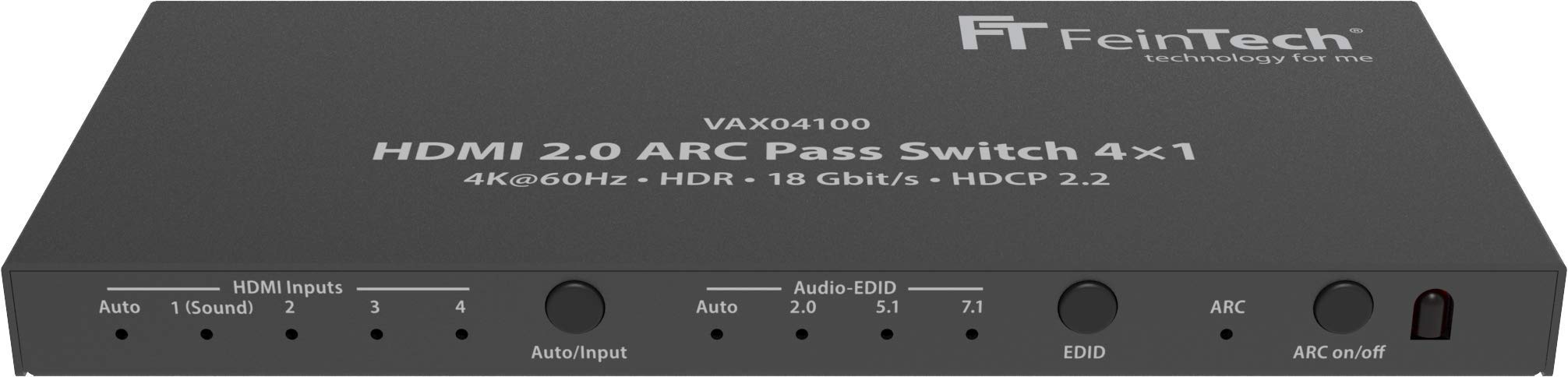 FeinTech VAX04100 HDMI 2.0 ARC Pass Switch 4x1, für 3 HDMI-Quellen, Soundbar und TV Beamer 4K@60Hz| HDR | 18Gbit/s | HDCP 2.2 Dolby Atmos