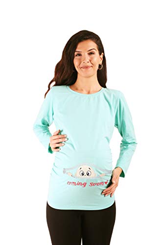Coming Soon - Lustige witzige süße Umstandsmode Umstandsshirt Sweatshirt Schwangerschaftsshirt mit Motiv für die Schwangerschaft, Langarm (Mint, Small)