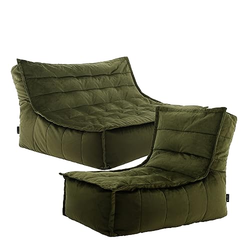 Icon Sitzsack Sofa mit Sitzsack „Dolce“, Olive, Samt, XXL Sitzsack Sessel für Erwachsene, Riesensitzsack mit Füllung für das Wohnzimmer, Sitzsack Groß Plüsch