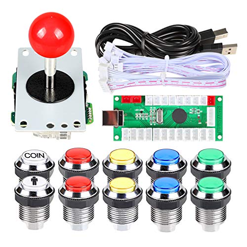EG STARTS 1 Spieler Klassische Arcade DIY Kits USB Encoder zu PC Joystick + 8 Möglichkeiten Stick + Verchromt LED beleuchtete Push Button & Münze Tasten für Arcade Mame Raspberry Pi 2 3 3B Spiele
