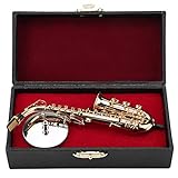 Hztyyier Instrument Ornament vergoldet Miniatur Saxophon Ornament Replica Musical Modell mit Geschenk Etui für Weihnachten Geburtstagsgeschenke