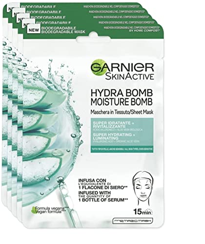 Garnier Skin Active Hydra Bomb Stoffmaske, super feuchtigkeitsspendende und revitalisierende Formel, für alle Hauttypen, mit Hyaluronsäure und Bio-Aloe Vera, 5er-Pack