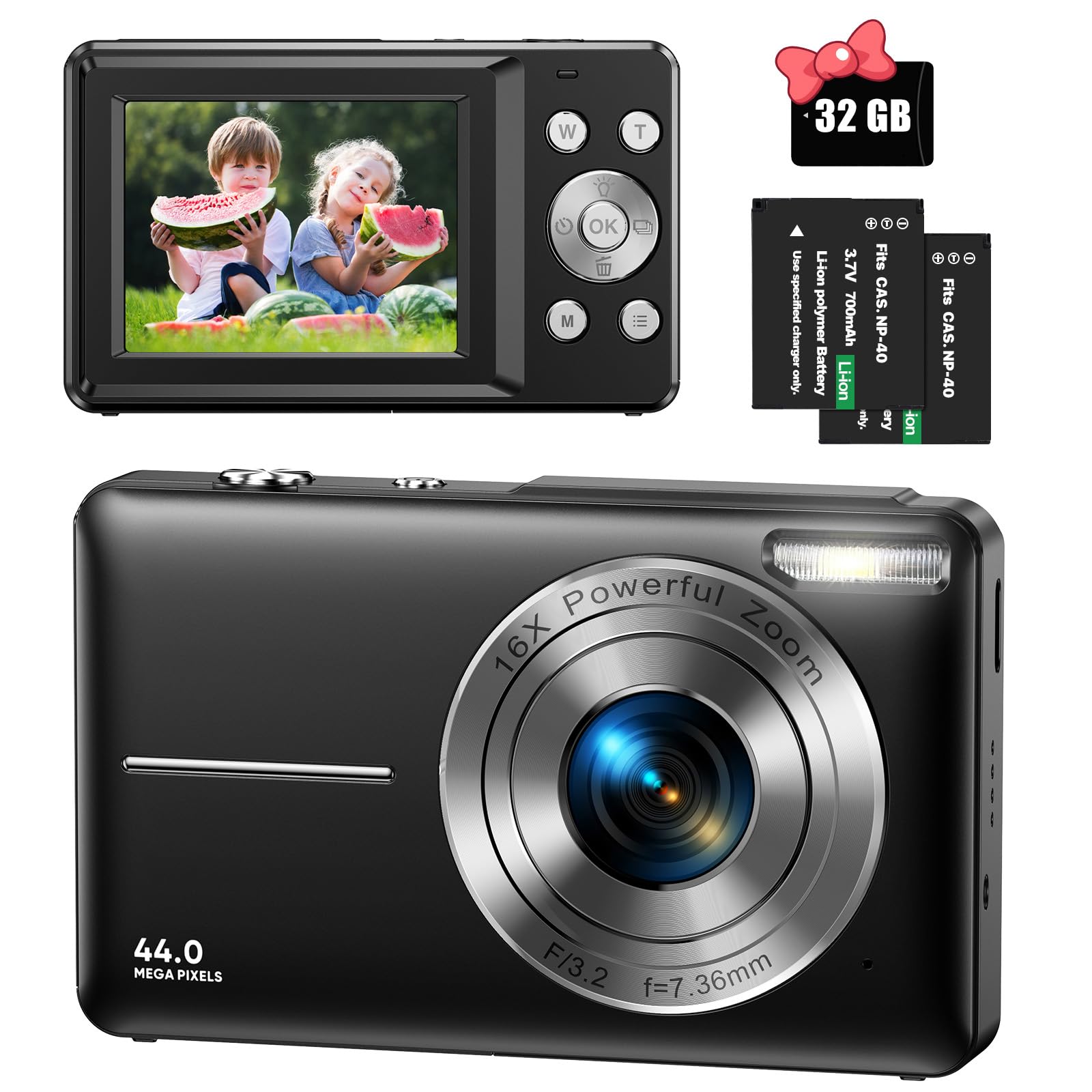 Digitalkamera 44MP 1080P HD Fotokamera mit 32GB Speicherkarte, Kompaktkamera 16X Digitalzoom mit 2 Wiederaufladbaren Akkus, Fotoapparat für Kinder, Teenager, Anfänger, Jungen, Mädchen(Schwarz)