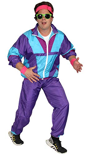 Foxxeo 80er Jahre Kostüm für Herren - türkis lila violett - Trainingsanzug Fasching Karneval Motto-Party, Größe:S
