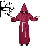 Priester Robe Kostüm Mönch Kostüm Gewand mit Kapuze und Kordel,Mönchskutte Halloween Kostüm Herren für Mittelalterliche Renaissance(Rot,S)