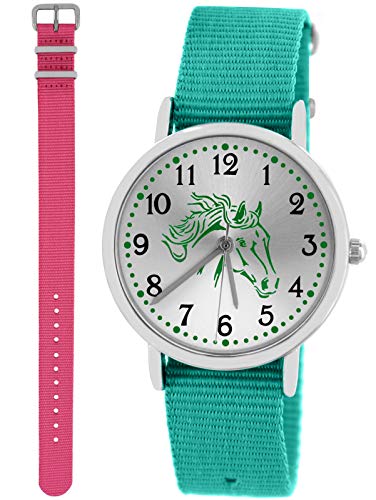 Pacific Time Mädchen Jungen Uhr Pferde analog Quarz mit 2 Wechsel Textilarmband türkis rosa 10233