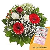 Dominik Blumen und Pflanzen, Blumenstrauß "Gruß von Herzen" mit Rosen, Gerbera und Johanniskraut und Grußkarte "Alles Liebe"