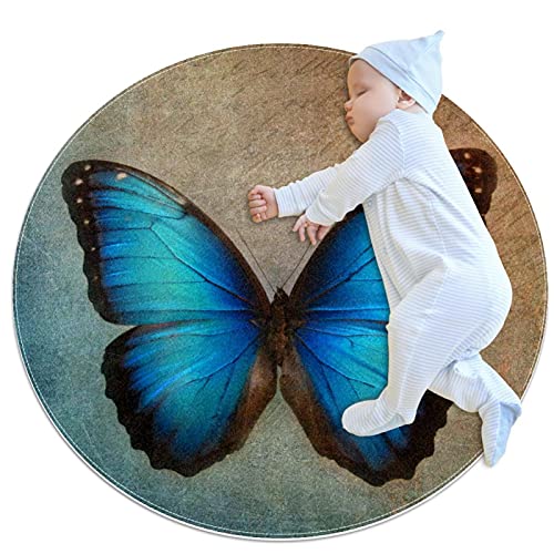 Baby-Abenteuer-Teppich Vintage blauer Schmetterling Soft Area Teppiche Runde für Schlafzimmer Teppich, Teppich für Wohnzimmer Mädchen Zimmer 80x80cm