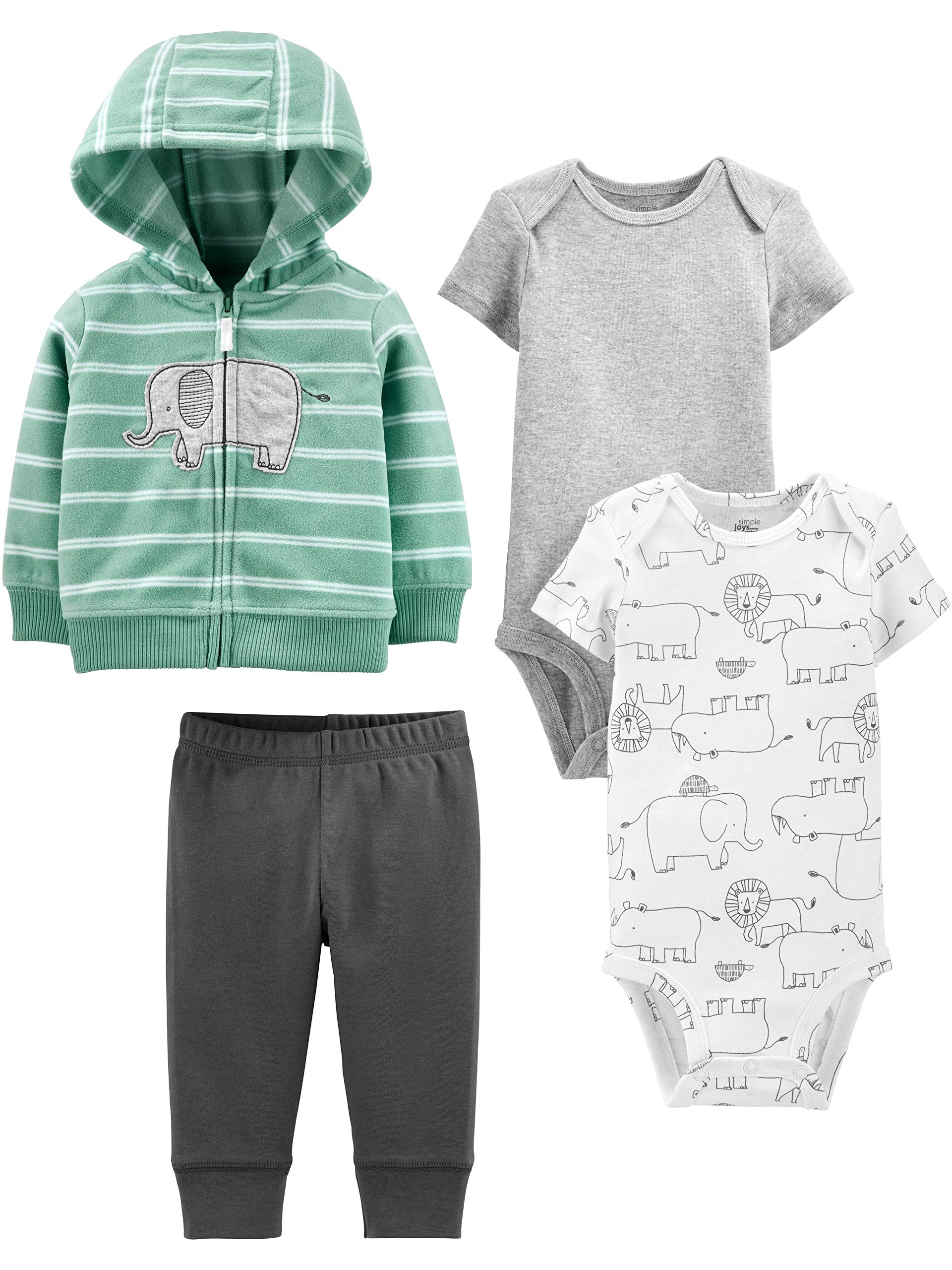 Simple Joys by Carter's Baby Jungen 4-Piece Jacket, Pant, and Bodysuit Layette-Set, Dunkelgrau/Grau/Minzgrün Elefant/Weiß Waldtiere, 12 Monate