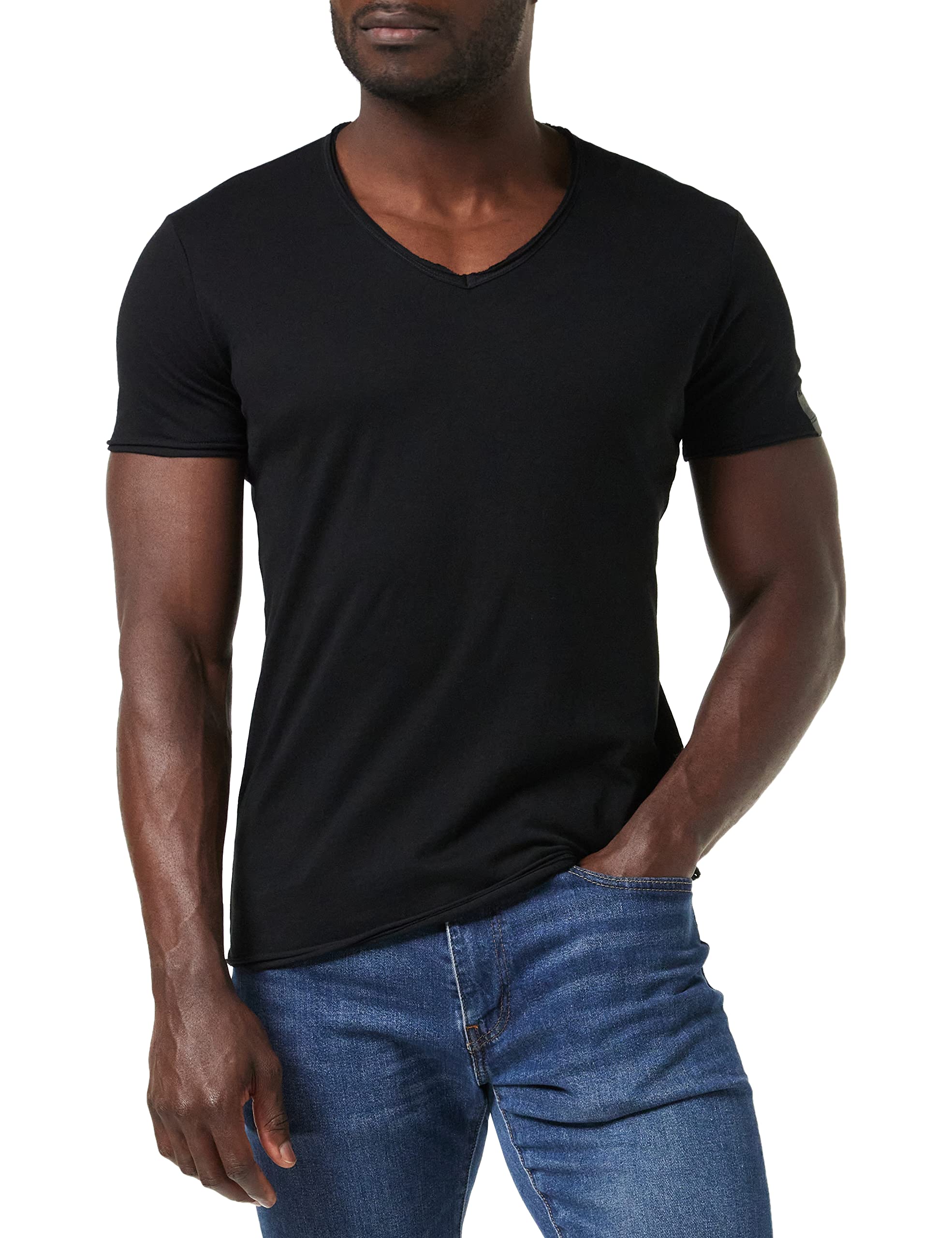 Replay Herren T-Shirt Kurzarm mit V-Neck Ausschnitt, Schwarz (Black 098), XXL