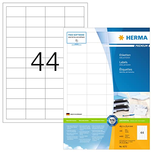 HERMA 4272 Universal Etiketten DIN A4 klein (48,3 x 25,4 mm, 100 Blatt, Papier, matt) selbstklebend, bedruckbar, permanent haftende Adressaufkleber, 4.400 Klebeetiketten, weiß